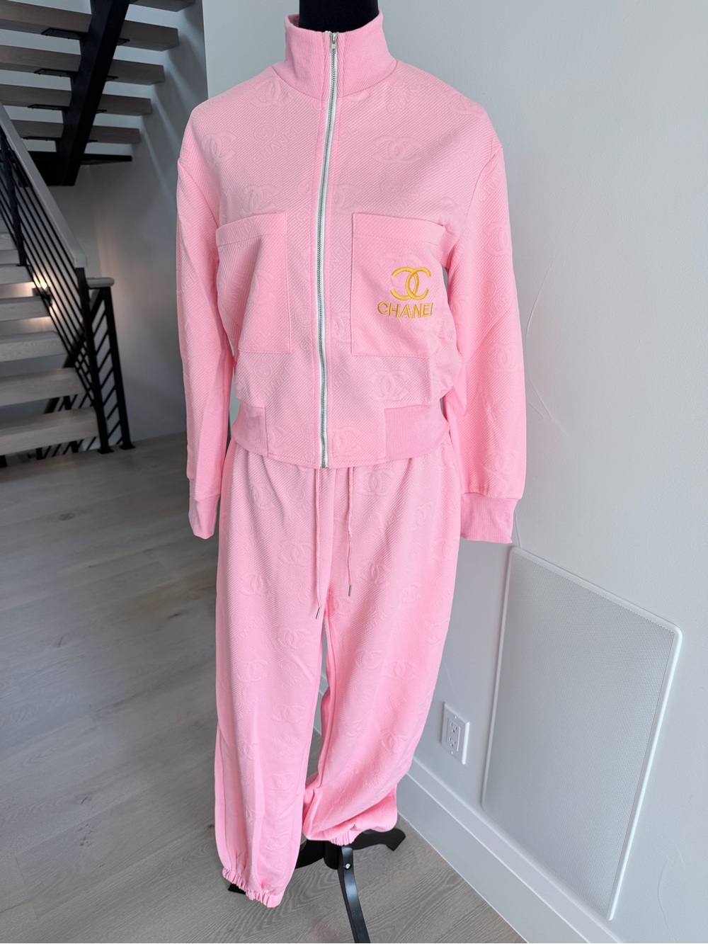 Chanel Pink Tracksuit Matching Lounge Set with Wide Leg Pants size M